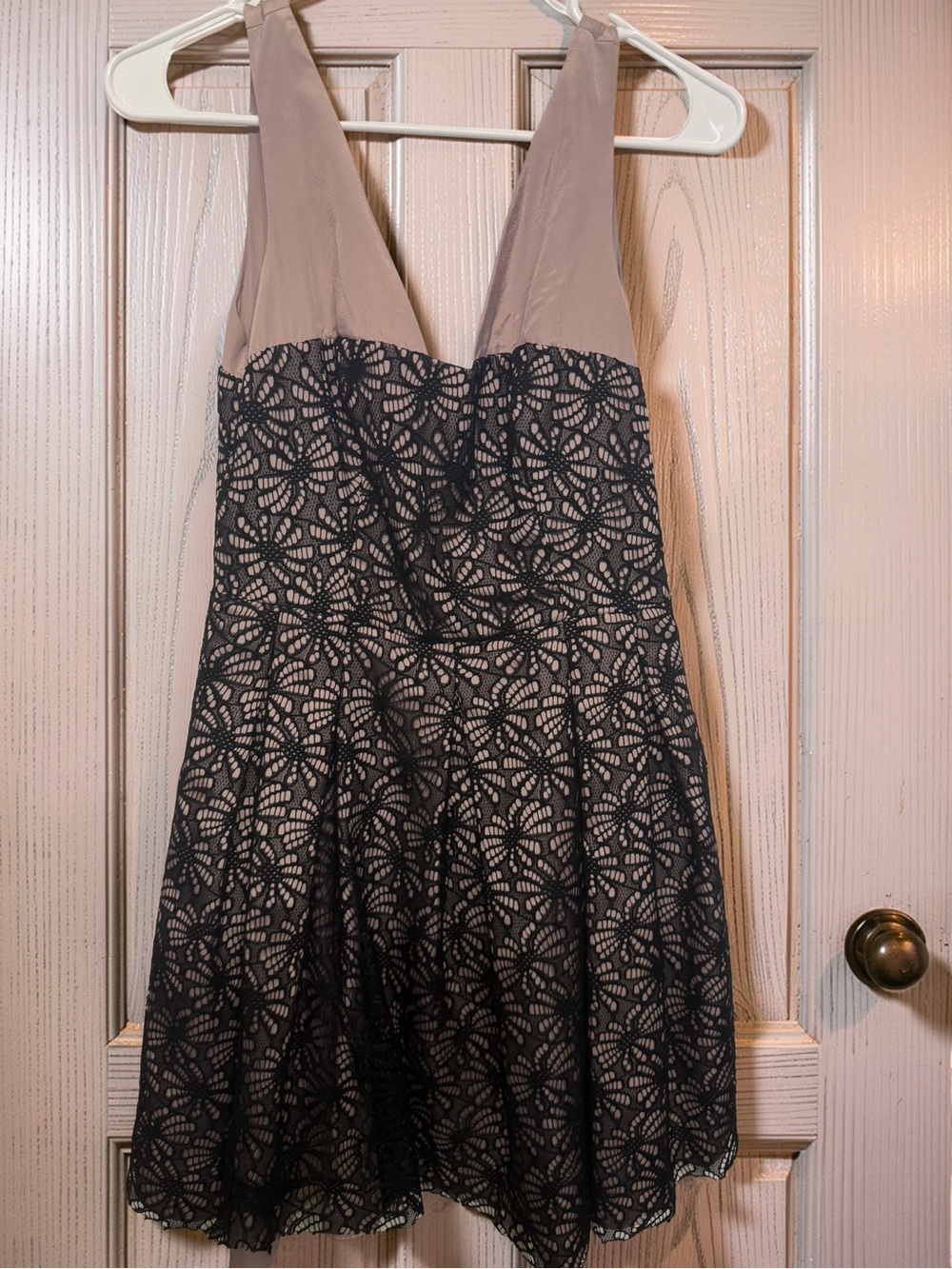 Minuet Petite Taupe and Black Strapless Lace A-Line Dress